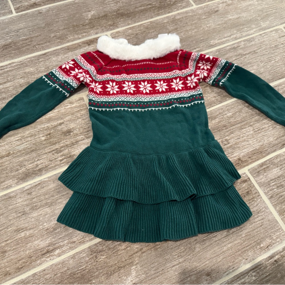 GYMBOREE KNIT SWEATER DRESS FAUX FUR TRIM SNOW FLAKES CHRISTMAS GIRLS DRESS